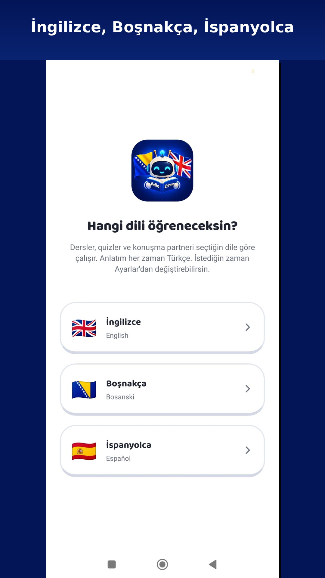 Dil seçimi ekranı: İngilizce, Boşnakça, İspanyolca